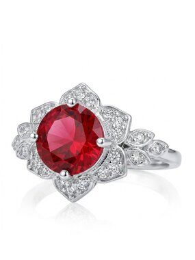 Red Ruby Gemstone Flower Ring, 925 Sterling Silver Charmed Aroma Valentines